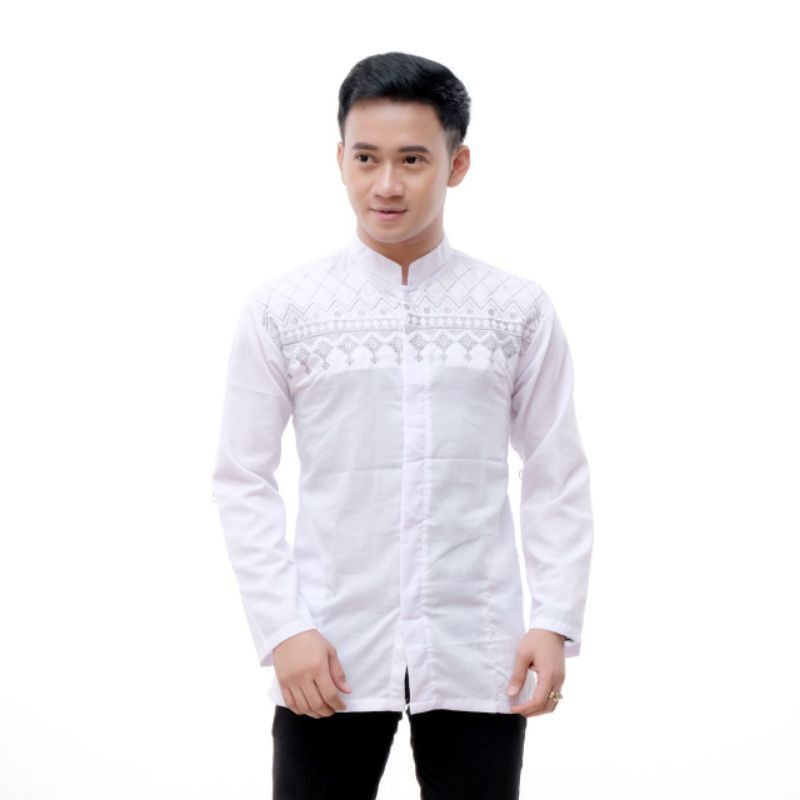 Baju Koko putih dewasa Baju koko Lengan panjang pria 100% Bordir