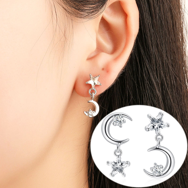 Classic Asymmetric Star Moon Charm Earrings Rhinestone Alloy Ear Studs Trendy Drop Earrings Jewelry Newest