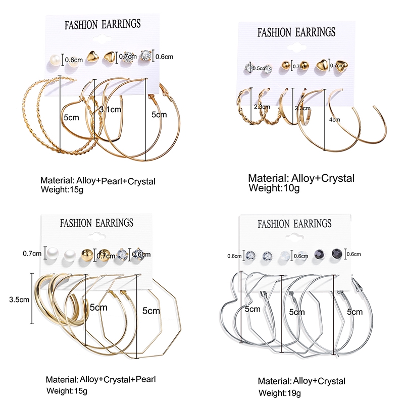 6 Pasang Anting Tusuk Bentuk Lingkaran Geometris Bahan Alloy untuk Wanita