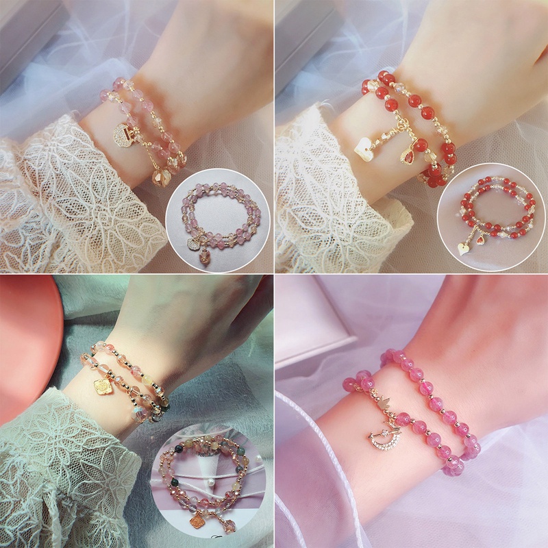 Gelang Kristal Garnet Bentuk Lingkaran Ganda Untuk Wanita