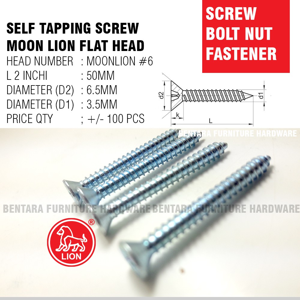 100 x Moon Lion Skrup #6 x 50MM - Self Tapping Flat Head Screw (Skrup Lion #6 X 2&quot;)