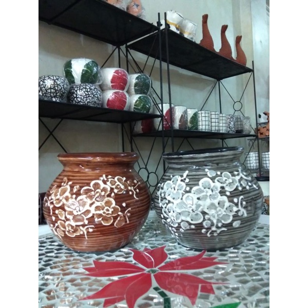 PREMIUM POT GUCCI KERAMIK VAS BUNGA GAMBAR TIMBUL POT TANAMAN POT BULAT TERRACOTA CLAY GERABAH TANAH