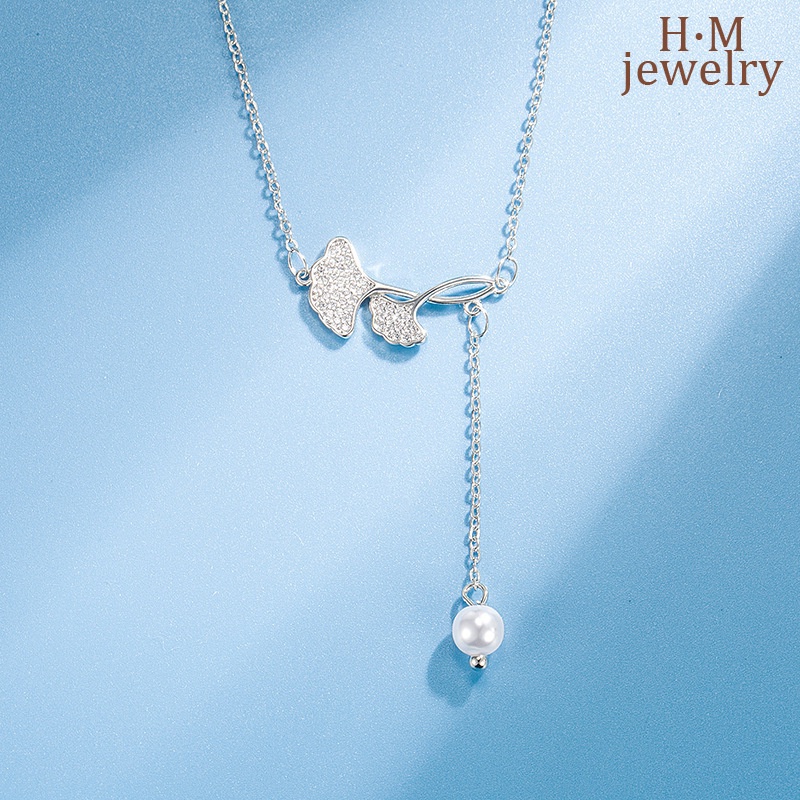 Kalung Rantai Klavikula Desain Daun Ginkgo Rumbai Mutiara Gaya Retro Elegan
