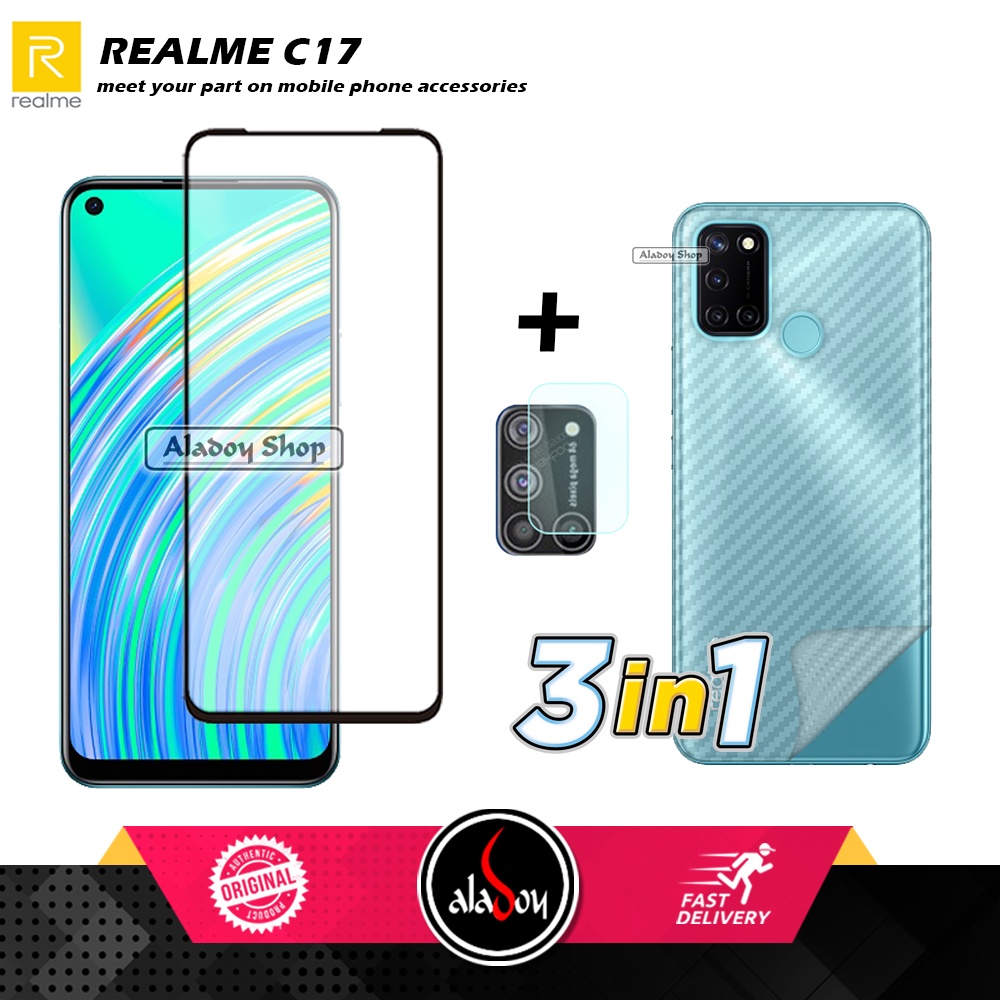 PAKET 3 IN 1 Tempered Glass Layar Realme C17 Free Tempered Glass Camera dan Skin Carbon