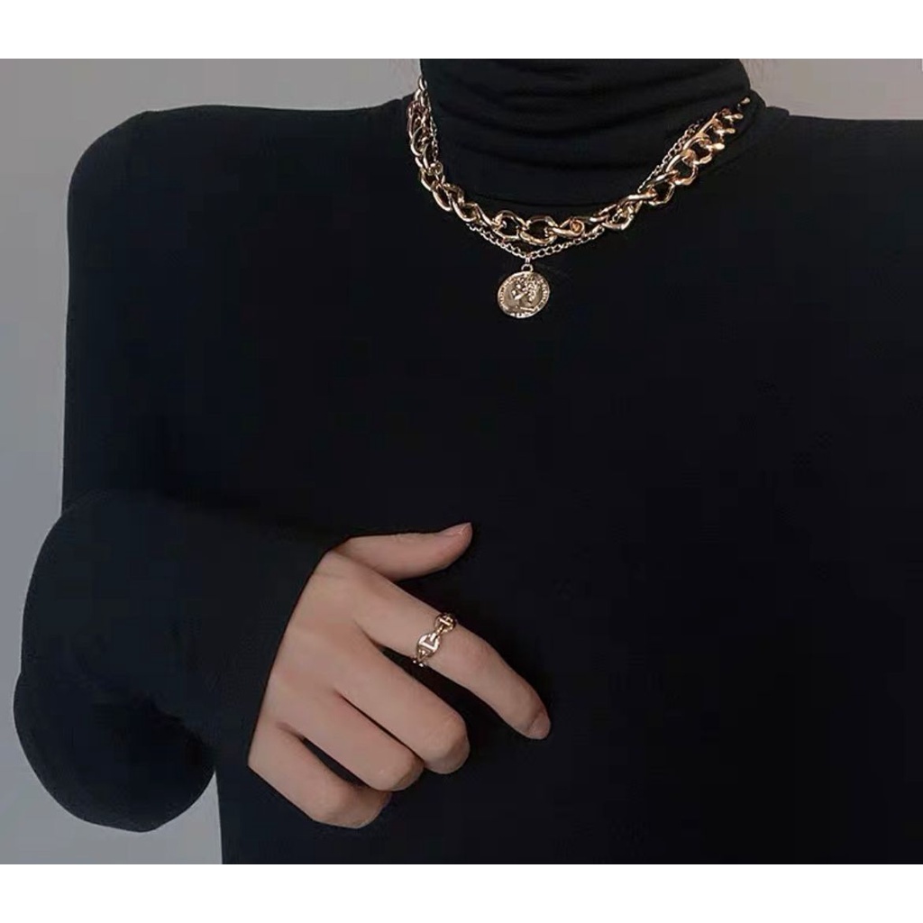 KALUNG RANTAI CHOCKER GAYA FASHION KOREA HIP HOP TITANIUM WARNA GOLD ROSEGOLD SILVER IMPOR COIN LADY