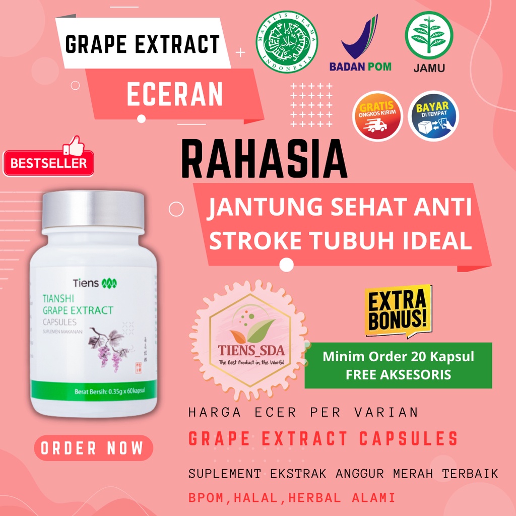 

(VARIAN) TIANSHI GRAPE EXTRACT CAPSULES SUPLEMEN MAKANAN UNTUK SAKIT JANTUNG STROKE MEMBERSIHKAN PEMBULUH DARAH PELANGSING DIET DETOX SLIM SLIMMING GRAPE EXTRACT EKSTRAK ANGGUR MERAH PELANGSING BPOM