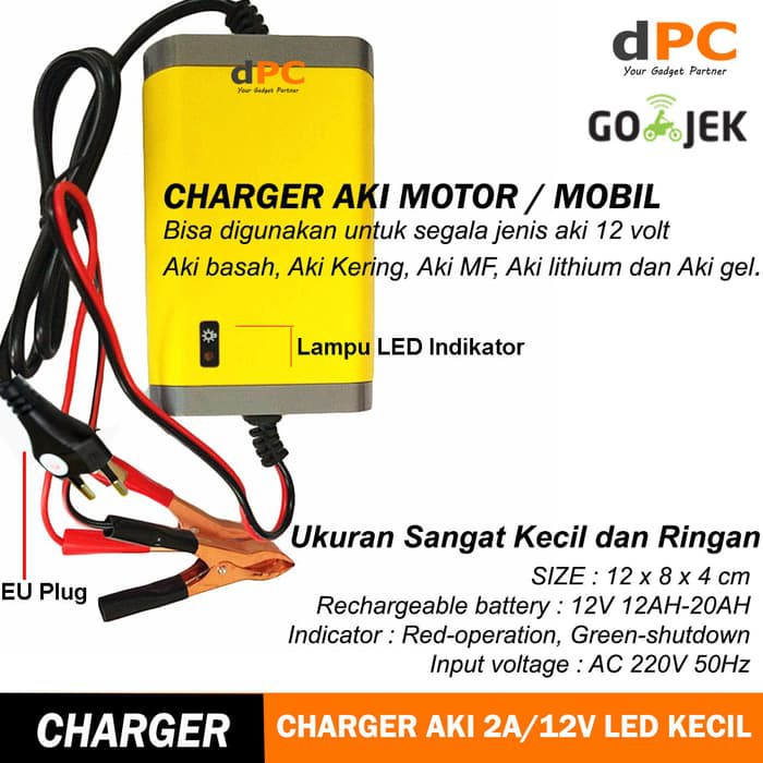 Charger Aki Portable - Aki Mobil - Otomotif Charger Aki Led Kecil Portable 12V-2A Motor Dan Mobil