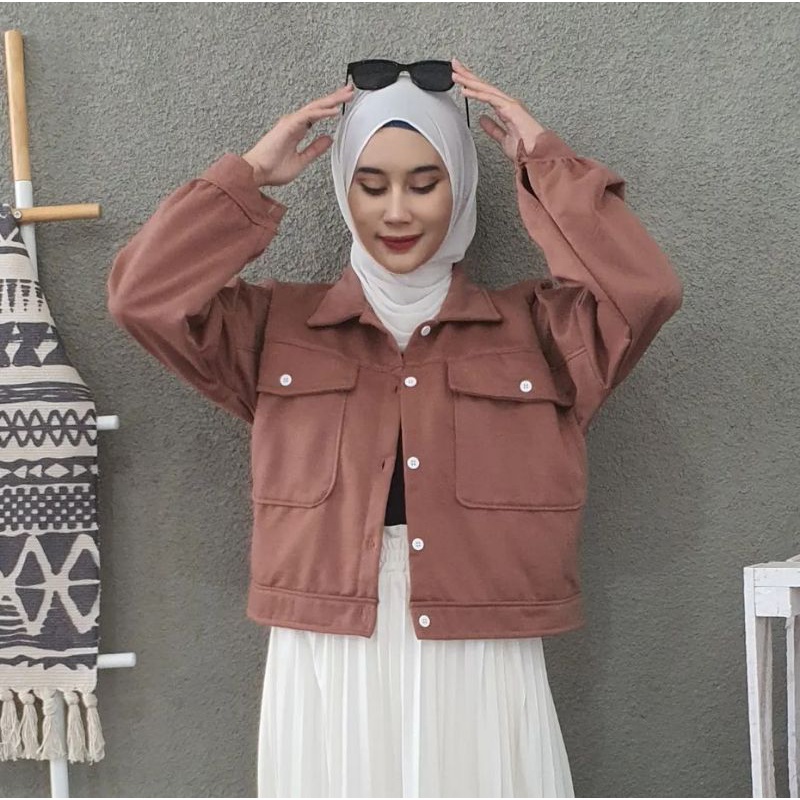 AUSY JAKET WANITA CROP | Jaket Kancing Style Korean | Jacket Bahan Fleece Tebal