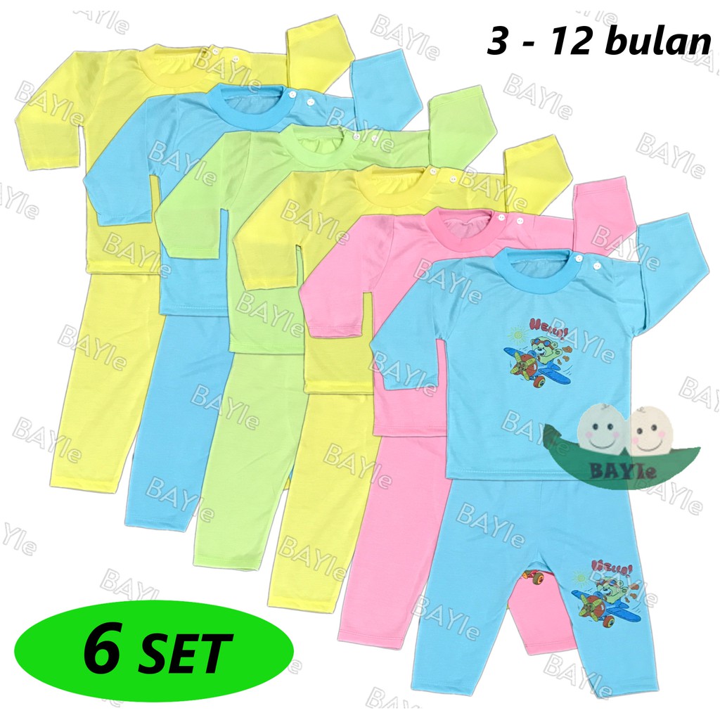 BAYIe - 6 SET Setelan Kaos Oblong Bayi / Anak Lengan PANJANG Motif HELLO MF umur 3 - 12 bulan