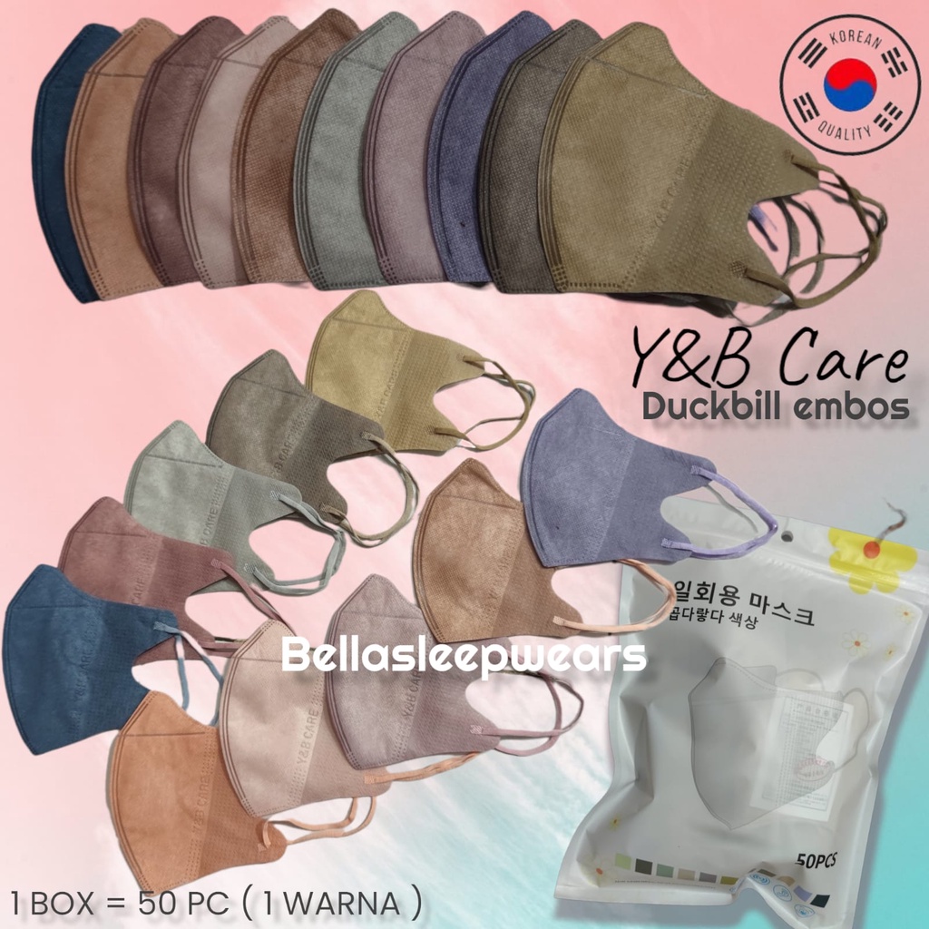 DB YB CARE MIX EMBOS RAINBOW 50 - MASKER DUCKBILL Y&amp;B CARE EMBOS KOREA EARLOOP 3PLY GARIS WARNA PUTIH HITAM ABU