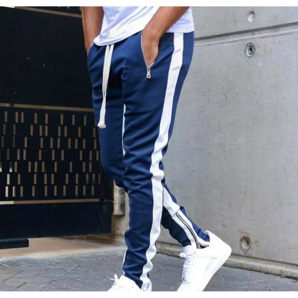 CELANA JOGGER PANTS HYPEBEAST SWEATPANTS TRACKPANTS HYPE STREETWEAR BLUE WHITE ZIPPER DOUBLE LIST