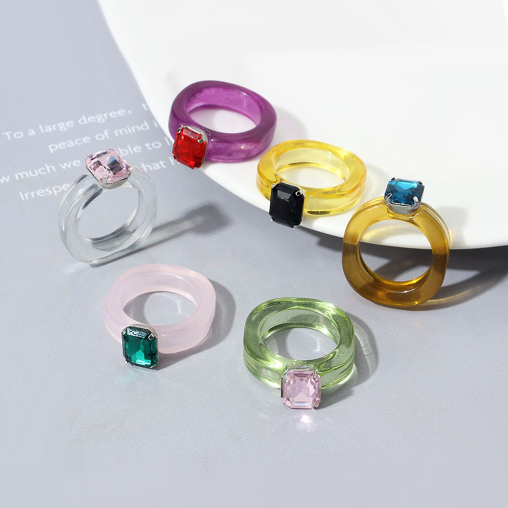 Cincin Jari Telunjuk 17 Gaya Bahan Resin Akrilik Transparan Hias Berlian Macaron