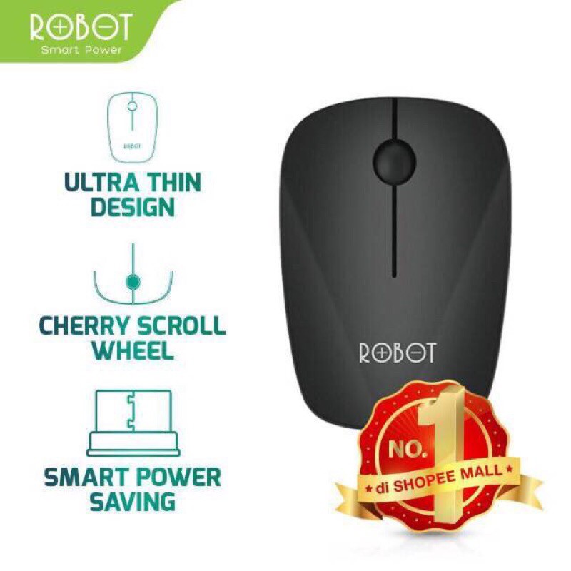 Mouse Wireless ROBOT M220 2.4GHz Optical 1600DPI dengan Receiver USB untuk PC Laptop Original Black