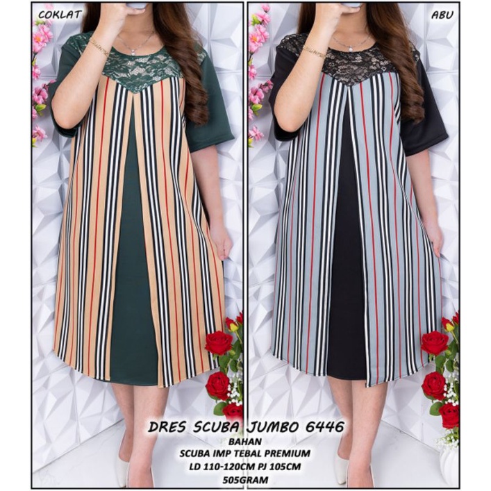 COD 6446 DRESS SCUBA JUMBO MOTIF GARIS REAL PICT⭐⭐⭐⭐⭐