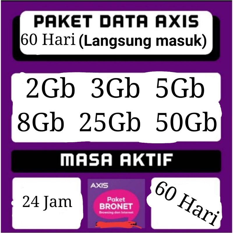 Paket data Kuota axis 2Gb,3Gb,5Gb,8Gb,30gb,65gb 60 HARI Non fisik LANGSUNG MASUK