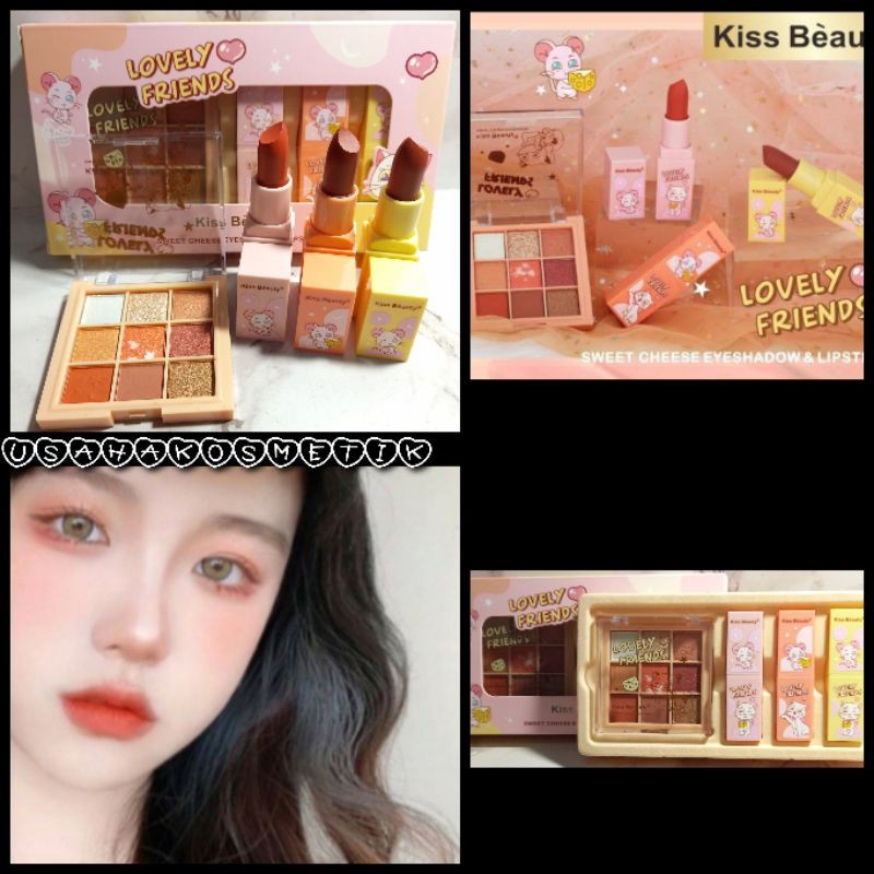 PAKET  MAKE UP 4IN1 EYESHADOW + LIPSTIK 3 WARNA  KISS BEAUTY NO.87194