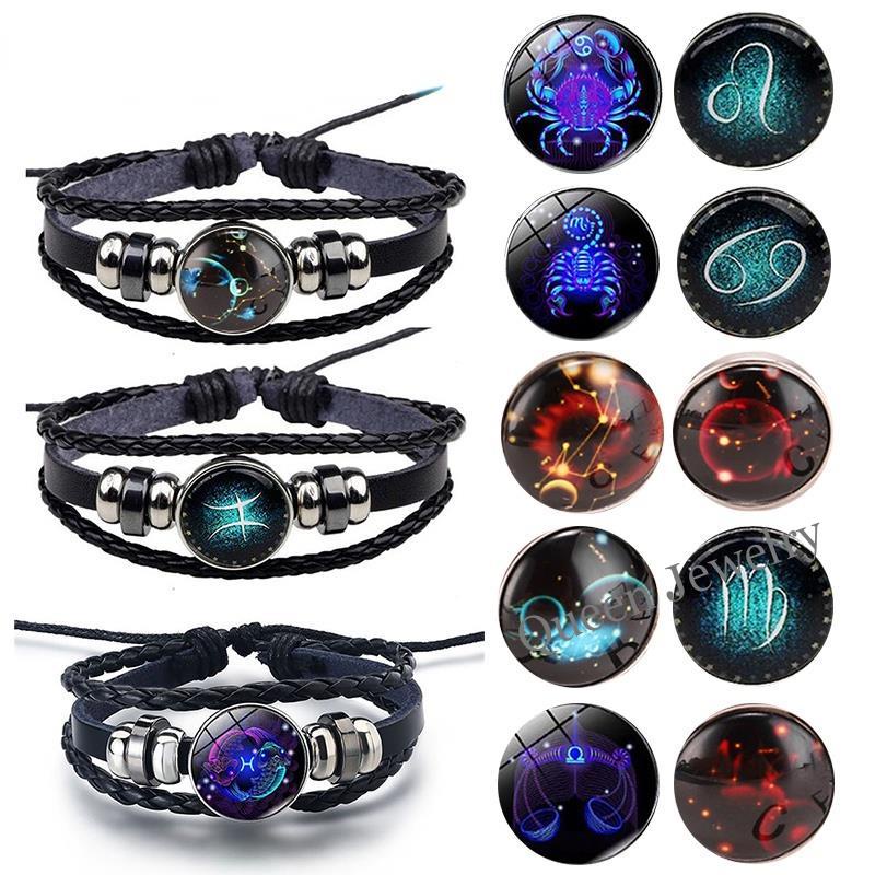 Gelang Kulit Multilayer Desain 12 Zodiak Glow in the Dark Untuk Pria Dan Wanita