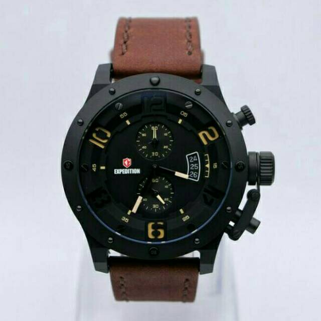 JAM TANGAN EXPEDITION 6381 PRIA BLACK STRAP LEATHER BROWN ORIGINAL