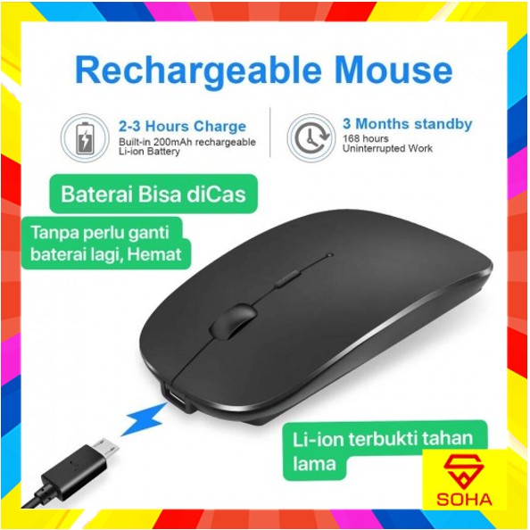 MOS-004 2.4G Wireless Mouse Rechargeable Baterai pakai cas, Design Thin Tidak Berisik Silent Mute