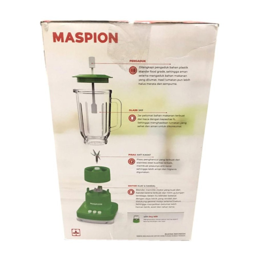 MASPION Blender Kaca 1 Liter MT 1272 GL - With Dry Mill - 2in1 2 Tabung - Garansi Resmi 1 Tahun