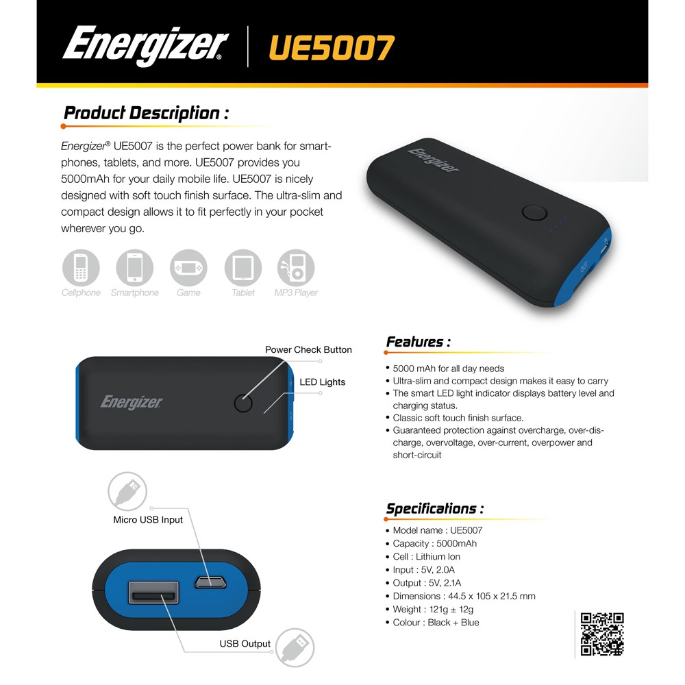 Powerbank Energizer UE5007 Original 5000MAh REAL CAPACITY - Hitam