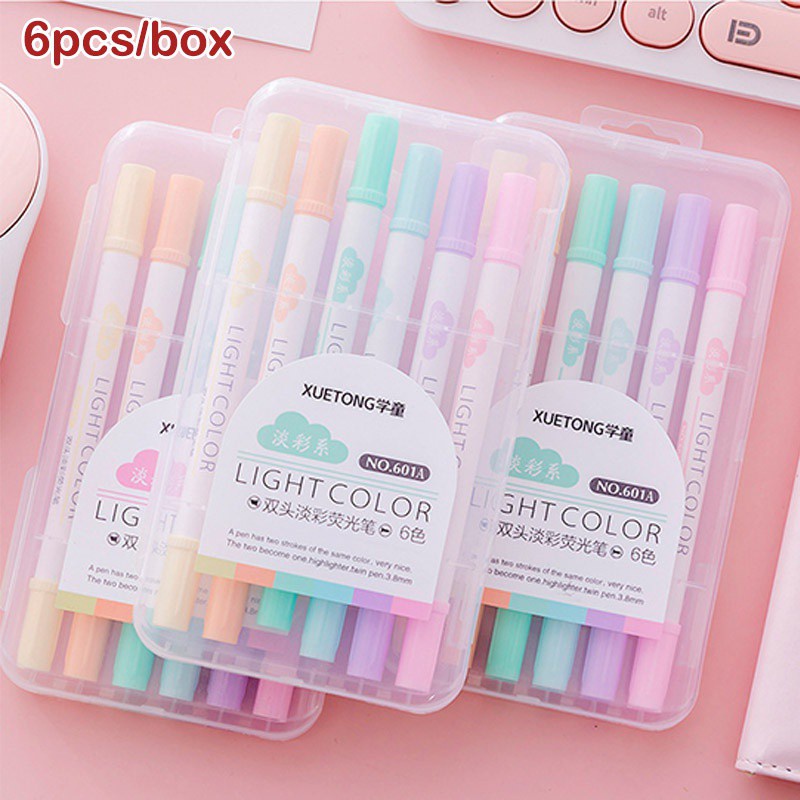 6pcs/box Dua Kepala Warna Stabilo Pulpen Siswa DIY Alat Tulis 6warna Spidol Kelas Kunci Notes Spidol