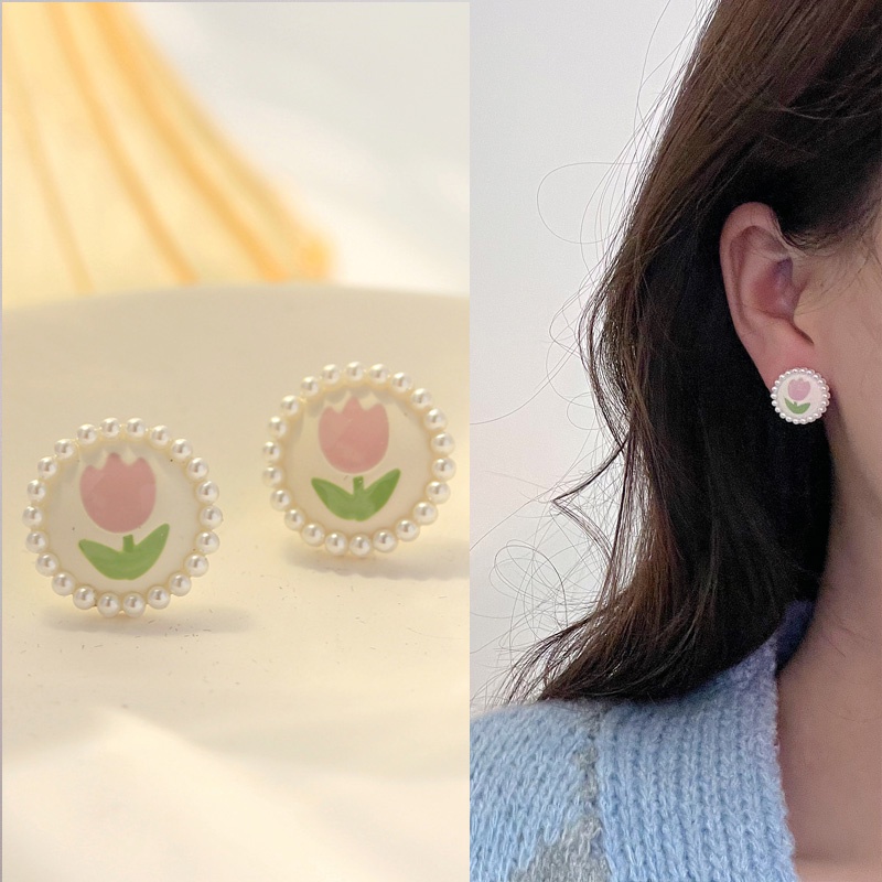 Anting Tusuk Sterling Silver 925 Desain Bunga Tulip Hias Mutiara Untuk Wanita