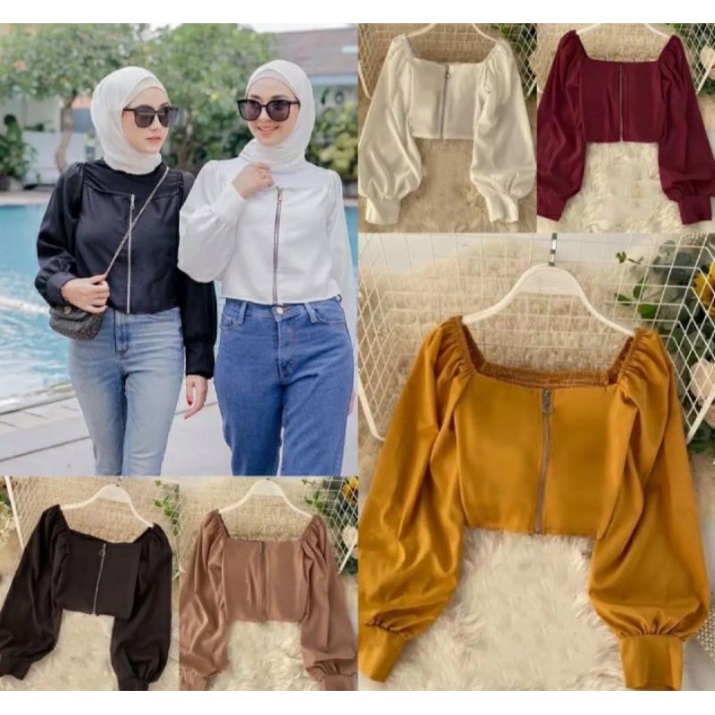 BLOUSE CROP ZIPPER /ZIPPER LENGAN BALON /BAJU BALON
