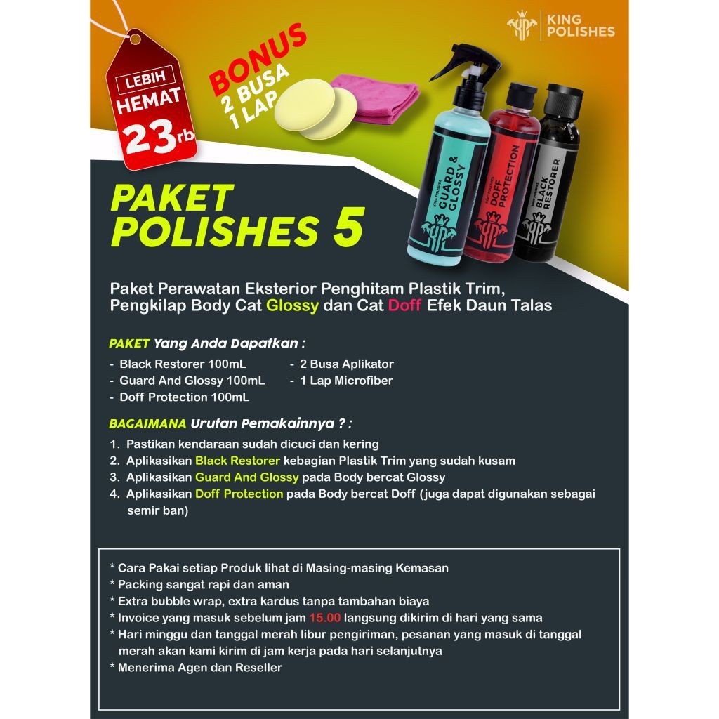 Paket Polishes 5 Pengkilap Mobil Motor Cat Glossy &amp; Doff Dan Penghitam Permanen Efek Daun Talas