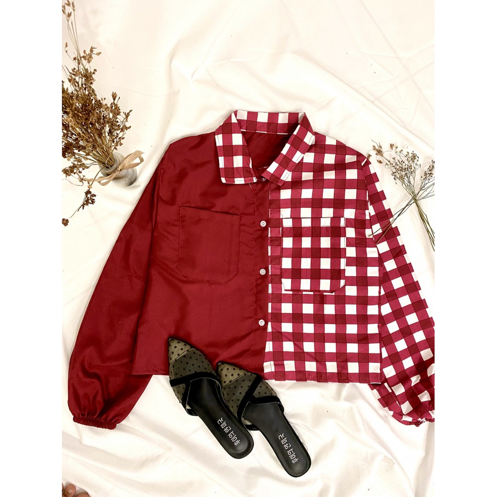 MIKA CROP TOP BLOUSE / KEMEJA WANITA / KEMEJA CROP WANITA TARTAN /KEMEJA TWO TONE KOTAK / BLOUSE KEKINIAN-KOTAK UNA MAROON