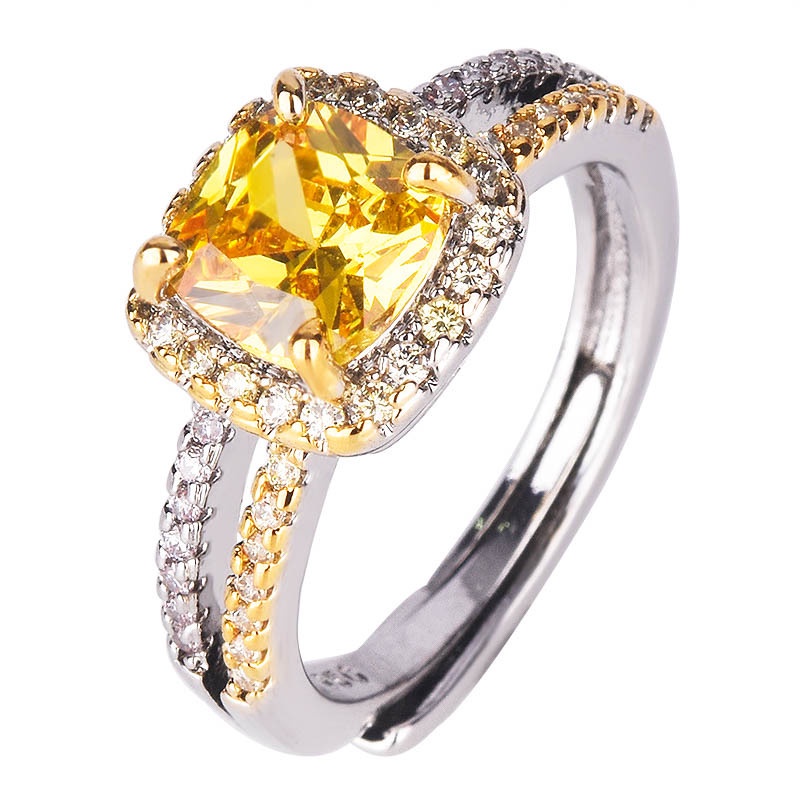 Fashion Creative Double-Layer Full Diamond Yellow Diamond Princess Square Open Ring