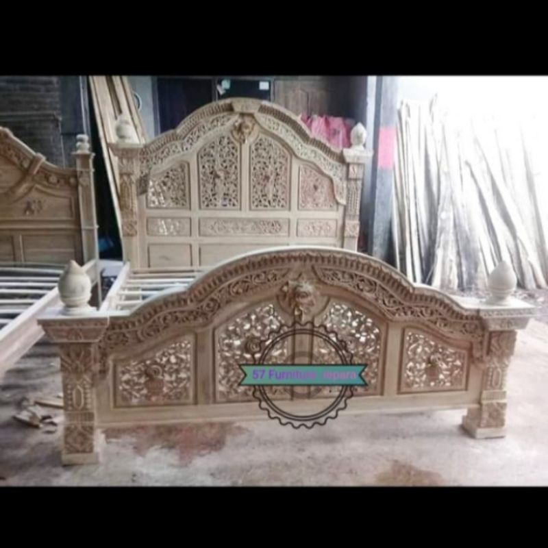 Tempat tidur jati motif gebyok ukir jepara - Dipan ukuran 180cm mentahan