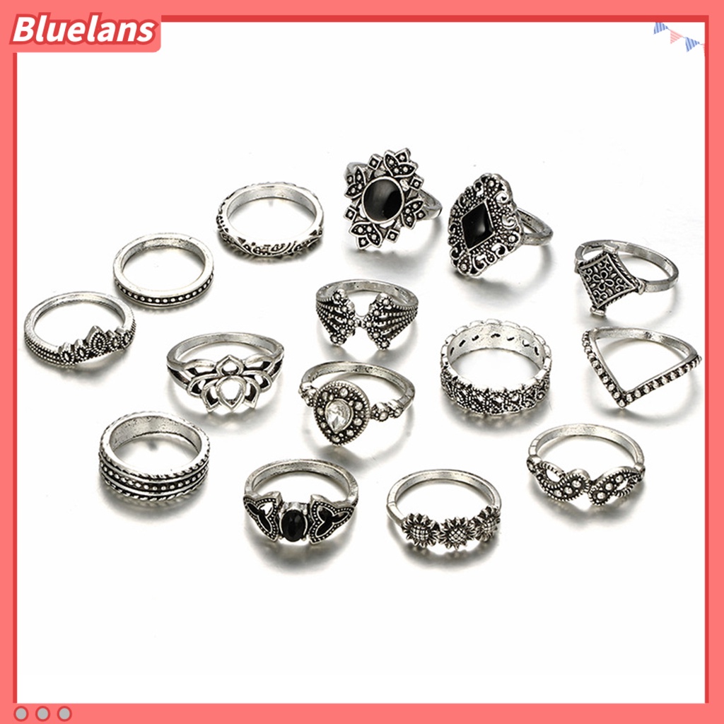 Bluelans 15 Pcs Cincin Berlian Imitasi Model Terbuka Tidak Pudar Gaya Bohemian Untuk Wanita