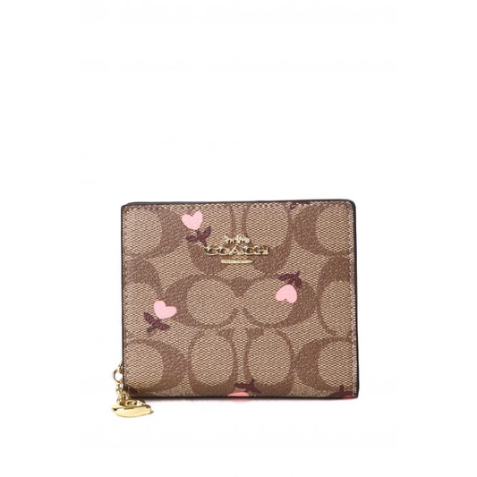 COACH Snap Case Mini Wallet In Coated In Canvas With Heart Print Khaki