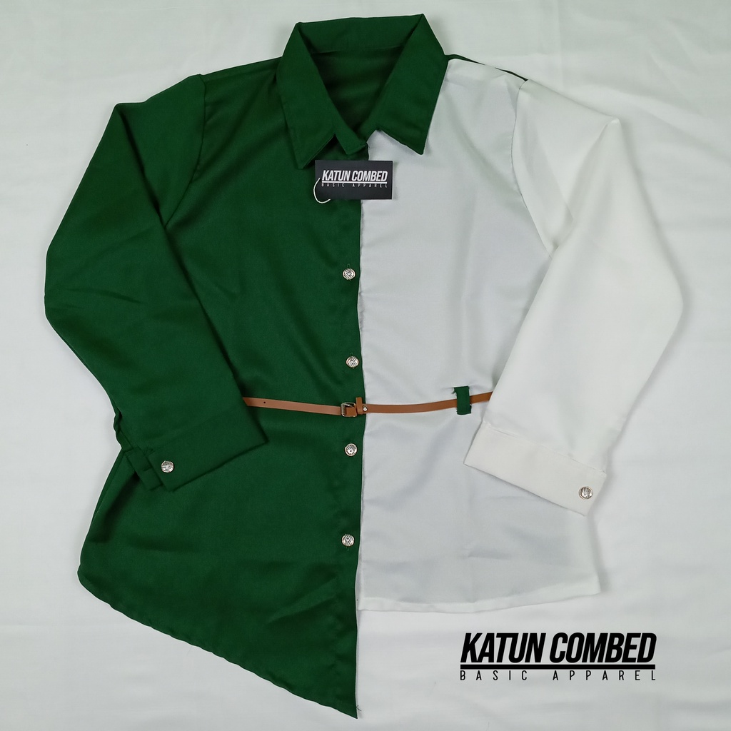 Kemeja Wanita Atasan Blouse Casual Polos Kombinasi Lengan Panjang Korean Style Model Ikat Pinggang-2
