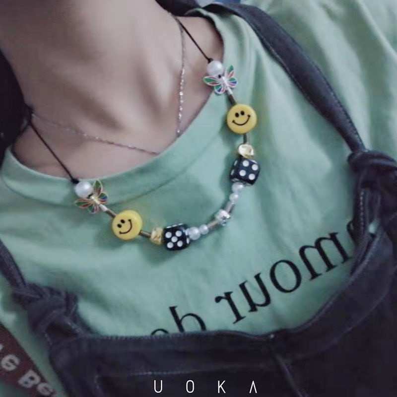 Kalung Rantai Multi Elemen Desain Bintang Smiley Tengkorak Aksen Mutiara Gaya Hip hop Untuk Pria Dan Wanita