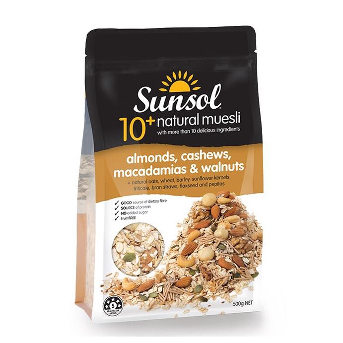 Sunsol 10+ Natural Muesli Almonds, Cashews, Macadamias, &amp; Walnuts 500gr