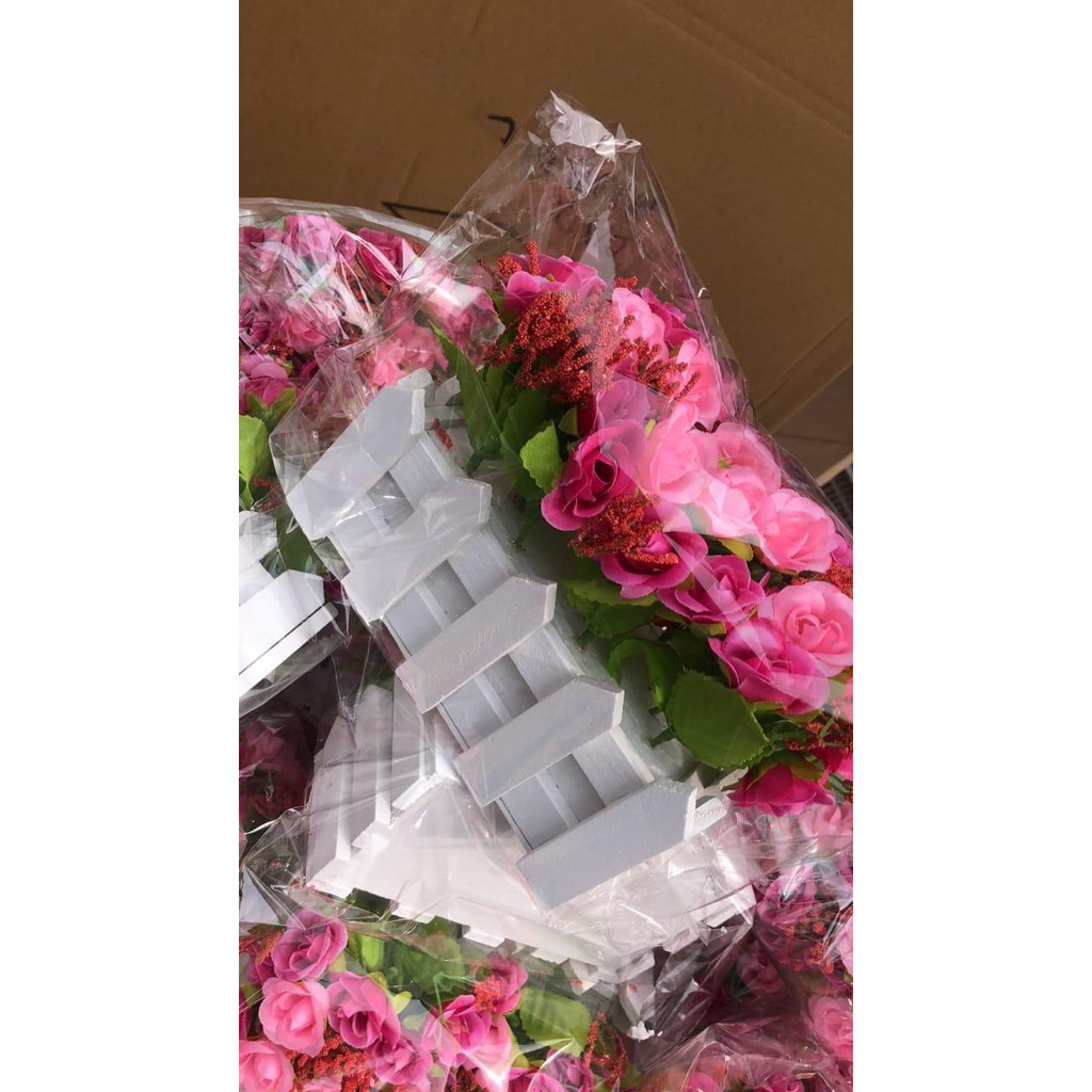 BUNGA PAGAR PUTIH VAS KAYU BENTUK PAGAR BUNGA MEJA BUNGA HIAS BUNGA PLASTIK BP8822-2