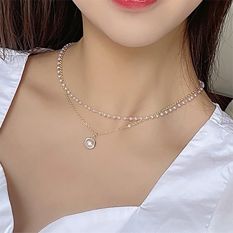 Kalung Rantai Manik-Manik Multilayer | Kalung Rantai Klavikula Dengan Liontin Mutiara | Kalung Bahan Stainless Steel | Aksesoris Wanita