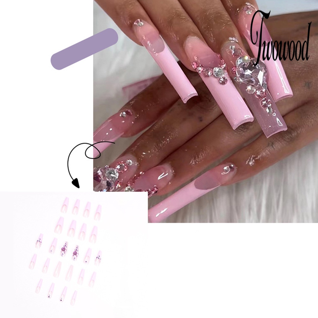 Twowood 24Pcs / Kotak Kuku Palsu Motif Hati Warna Pink Bahan ABS Untuk Nail Art / Salon