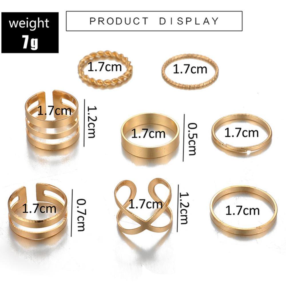 Timekey 8PCS / Set Cincin Vintage Desain Geometri Hollow Warna Emas Untuk Wanita A7K1