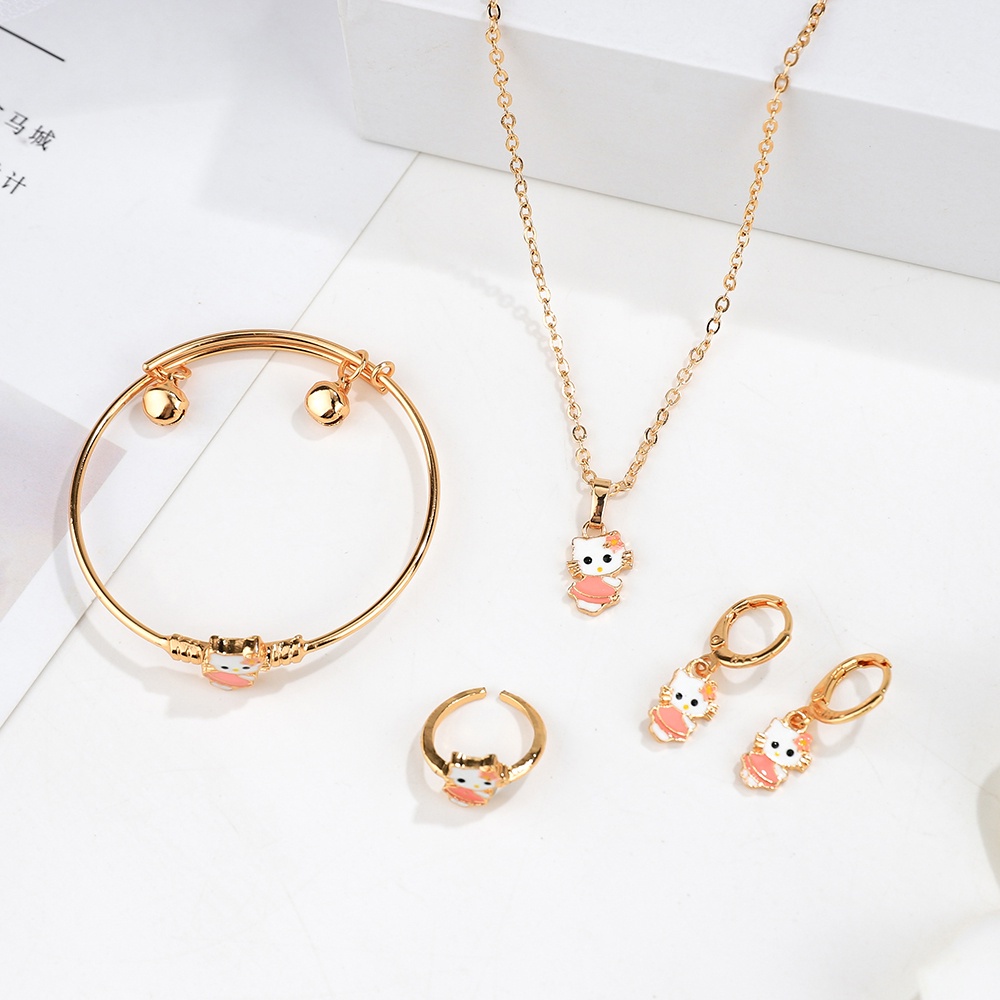 COD Set perhiasan anak pink hellokitty Kalung titanium lapis emas gelang cincin anting  asesoris wanita murah D433