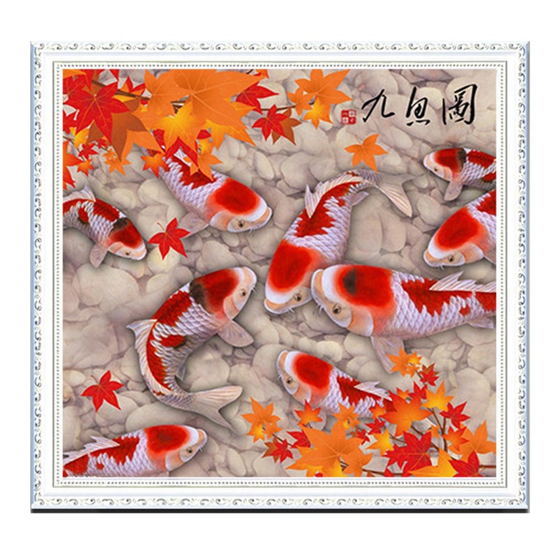 DIY Diamond Painting Full 9 ikan koi maple D560 Paket DIY lukisan fengshui dekorasi