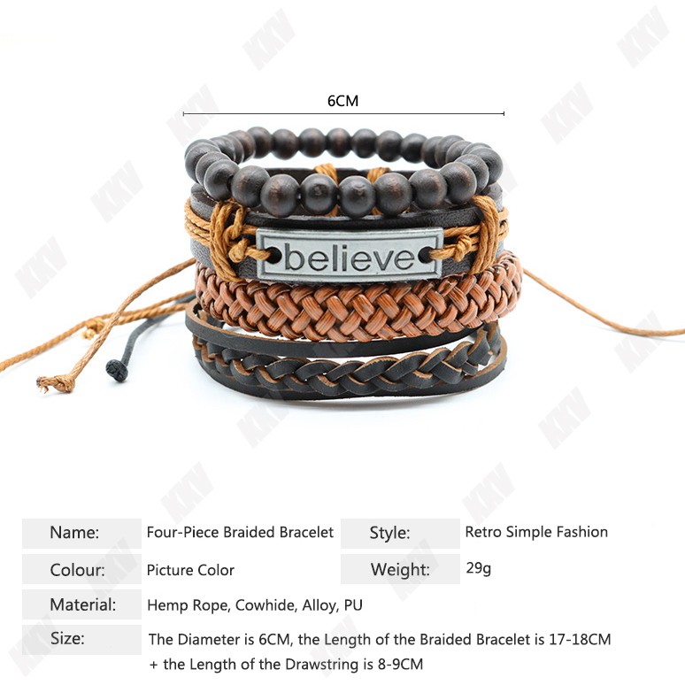 believe Gelang Pria 4-Piece Set Kulit Sapi Paduan Tali Dikepang Manik-Manik Disesuaikan Gelang Hadiah