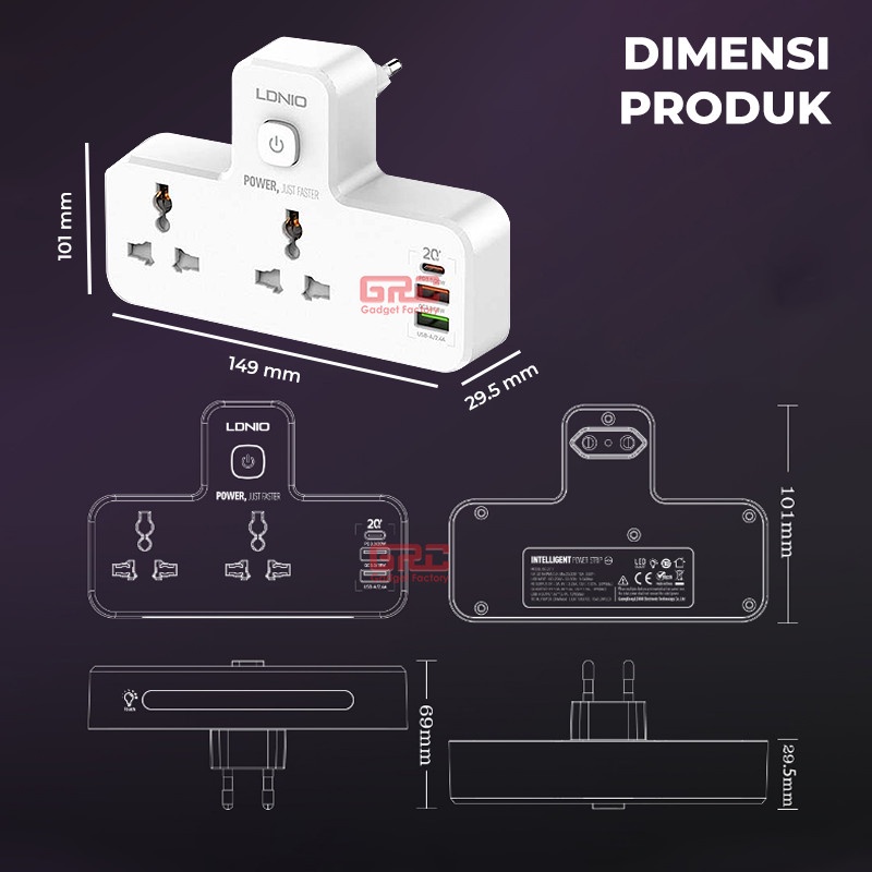 Stop Kontak 3 Port USB Type C PD Fast Charger 20W Power Socket Listrik