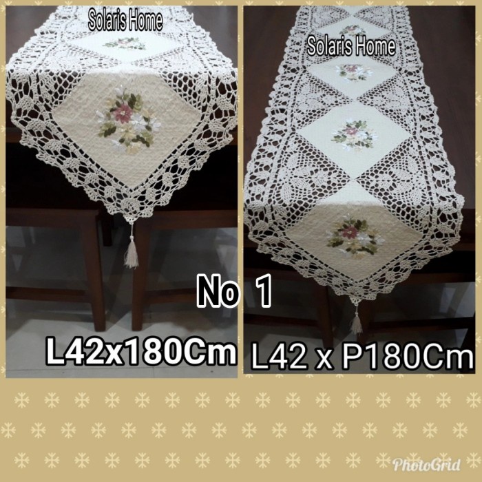 Taplak Meja Makan - Taplak Panjang Runner Meja Makan/Bufet Rajut Sulam Pita Panjang 180Cm