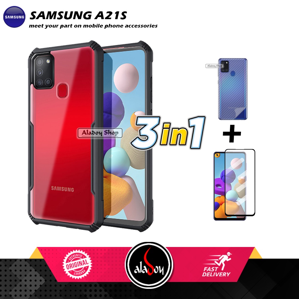 Case SAMSUNG A21S Armor Fushion Transparent Casing + Tempered Glass Full Layar dan Skin Carbon