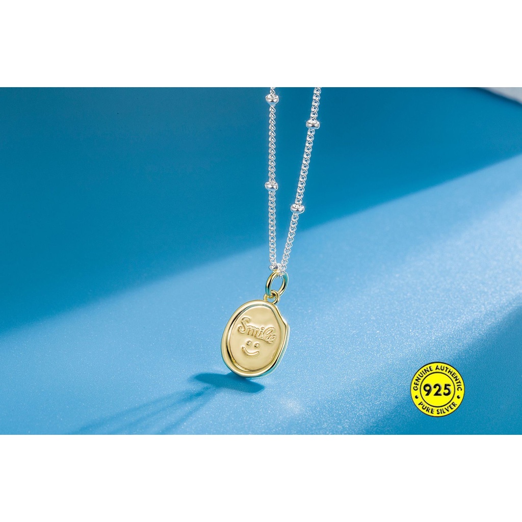 Kalung Rantai Lapis Emas 18K Dengan Liontin Oval Motif Smiley Face Untuk Wanita