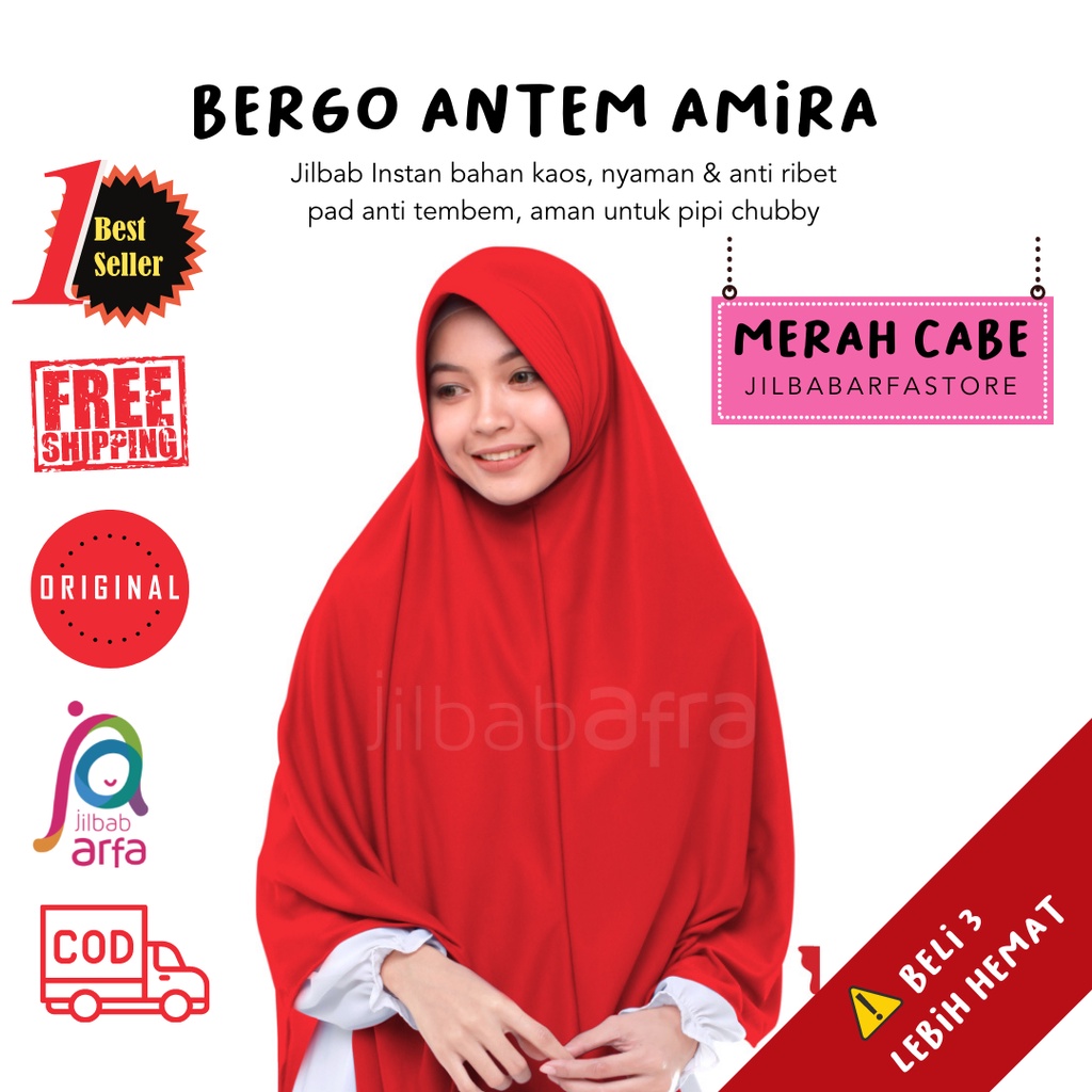 JAS Jilbab Arfa Amira Merah Cabe Bergo Instan Pet Anti Antem Jilbab Arfa Hijab Instan Bahan Kaos Ker