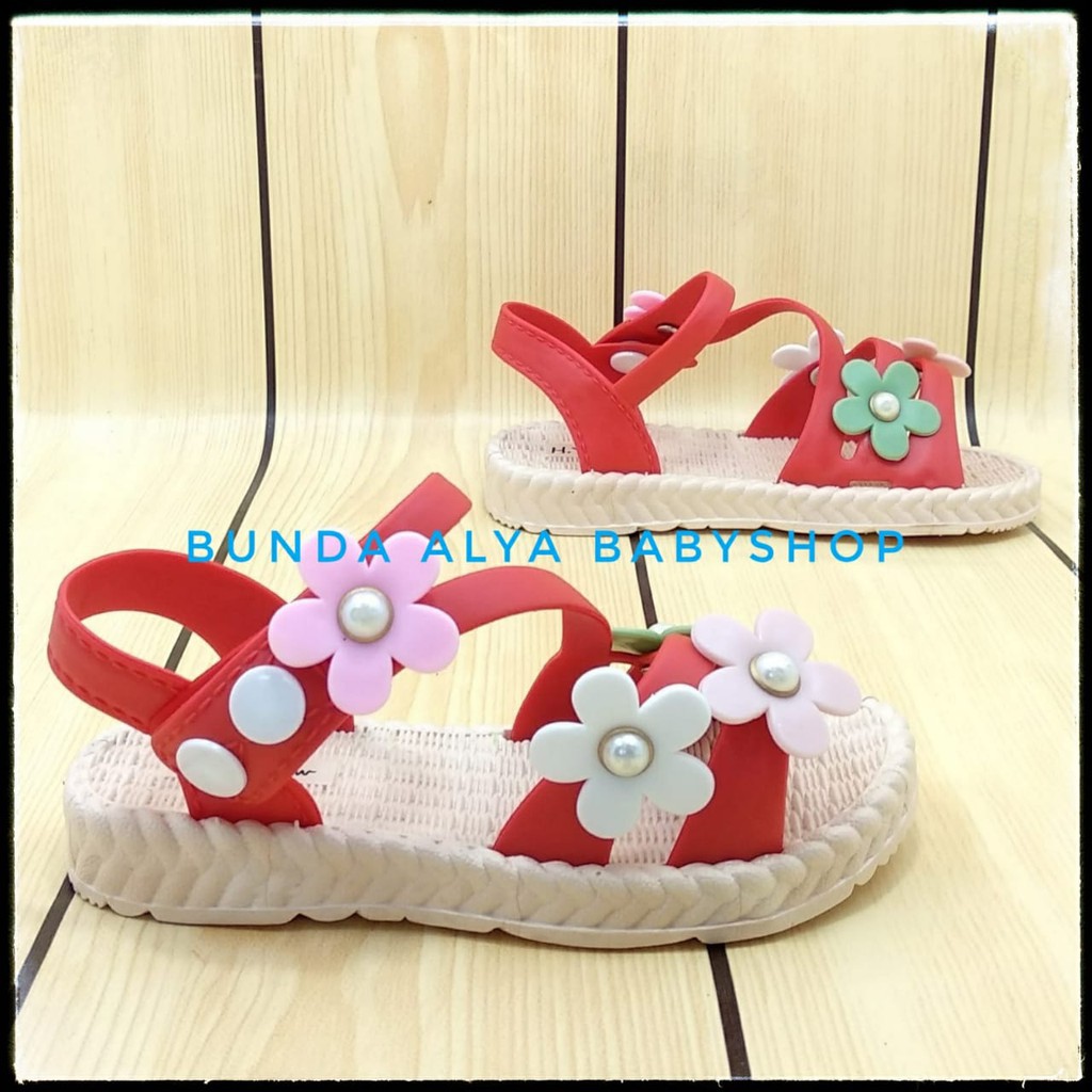 Sendal Anak Perempuan IMPORT Usia 4 5 6 Tahun MERAH - Sepatu Sandal Anak Cewek Tali Bunga Elastis Alas Karet Anti Licin